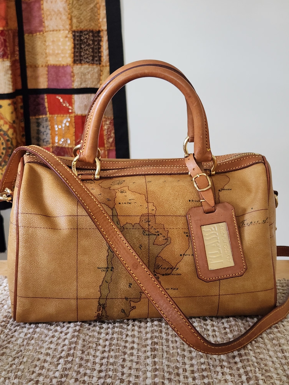 Vintage Alviero Martini 1A Classe Geo Map Leather Satchel Crossbody Italy